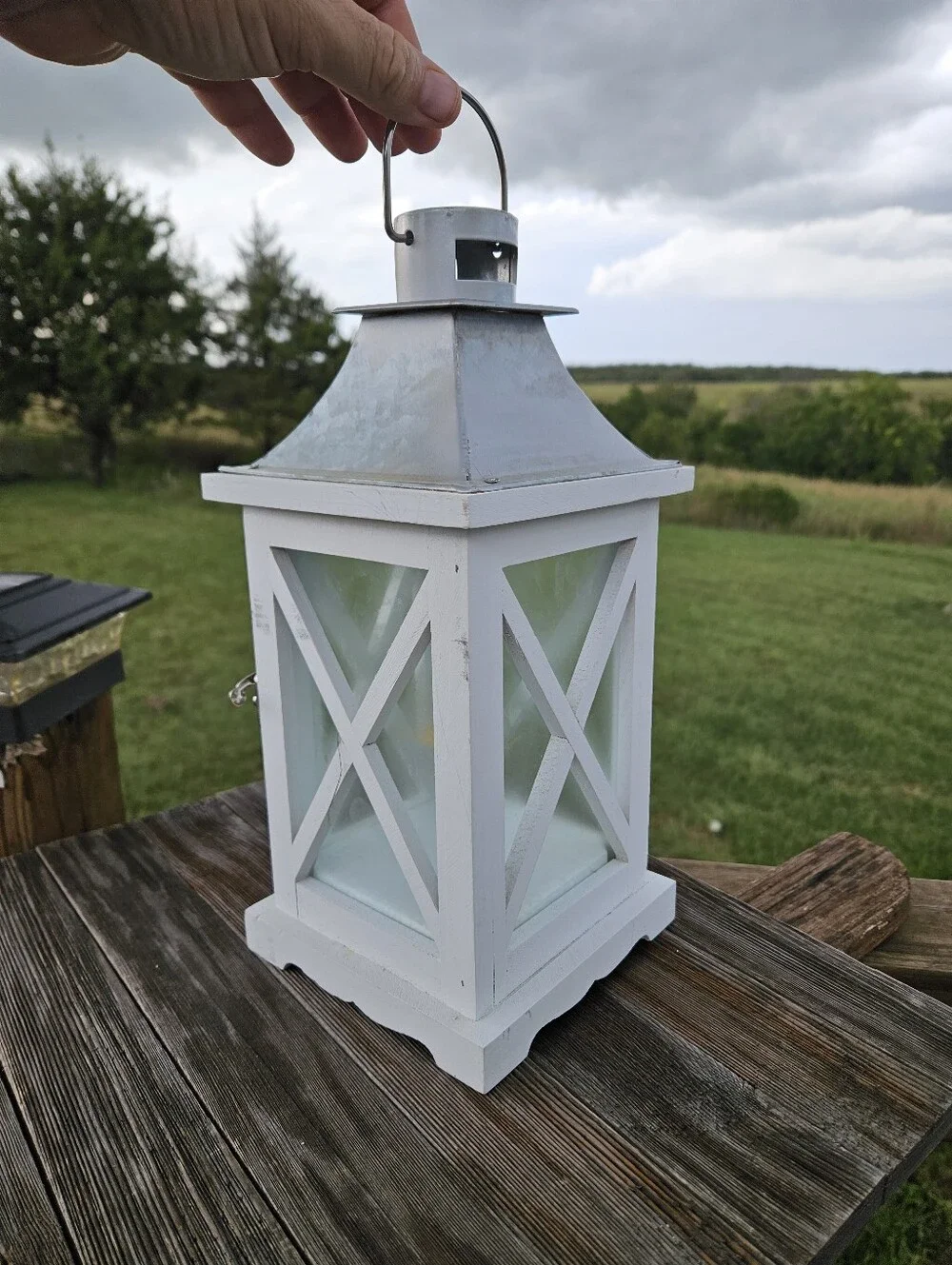 Vintage White Wood Candle Lantern Galvanized Metal Top Country Farmhouse Decor